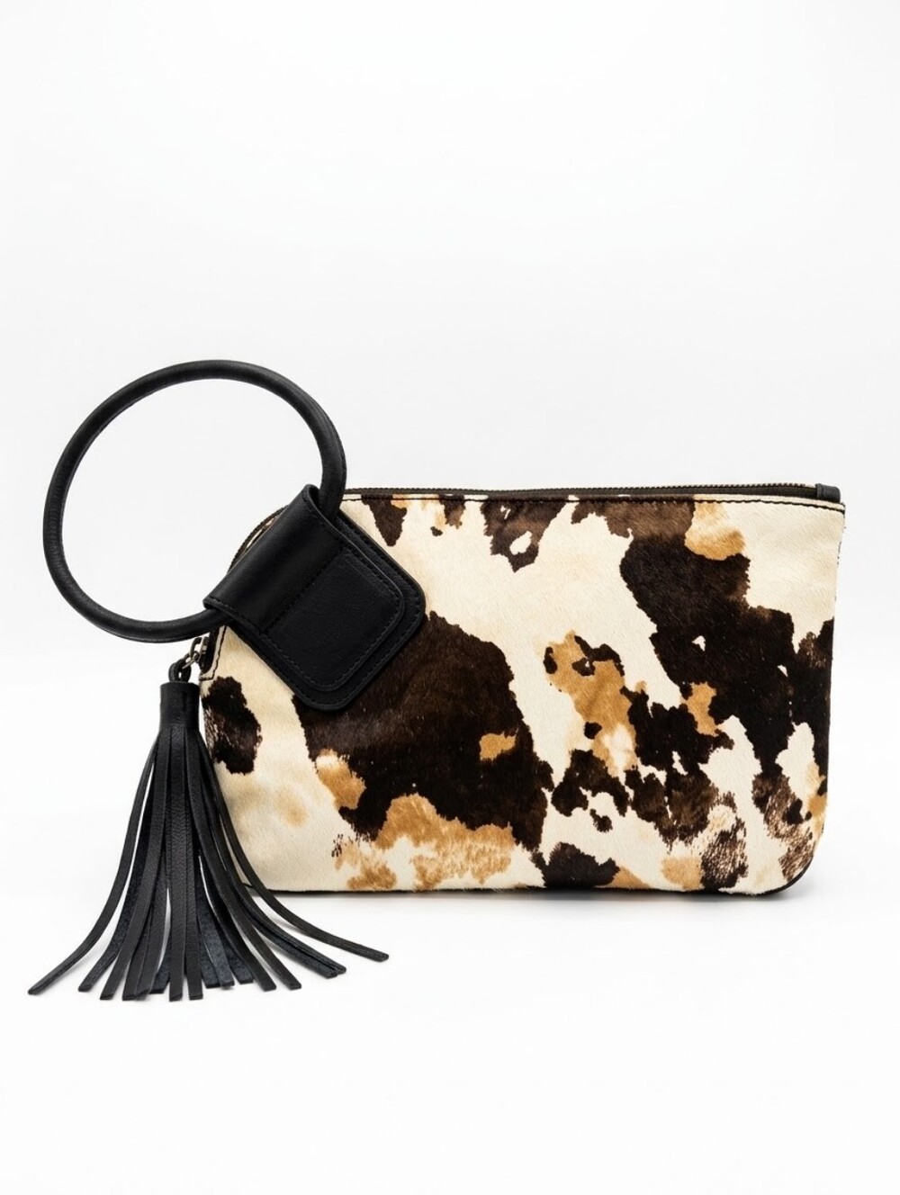HOBO Sable Wristlet In Cow Print Hair On Hide Clutch W/Circle Strap And Tassel